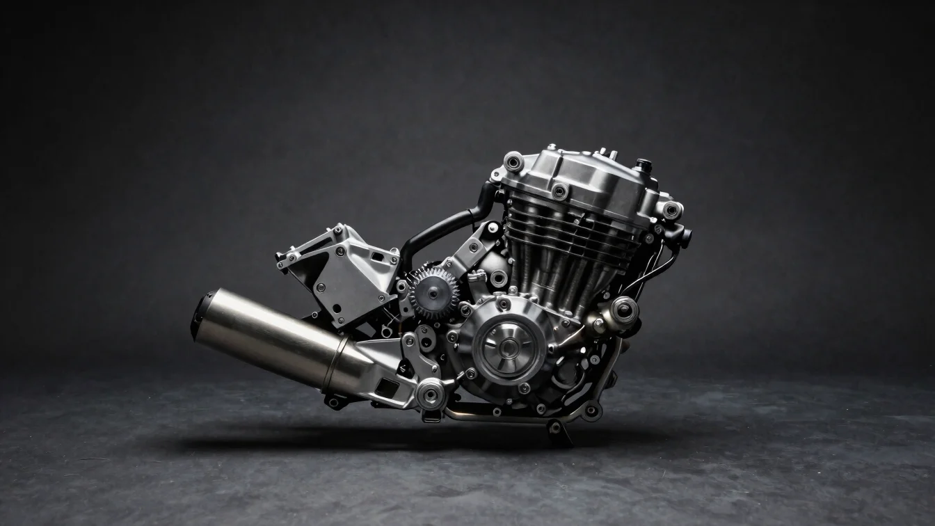 Close product view of motorcycle engine components on a dark char
