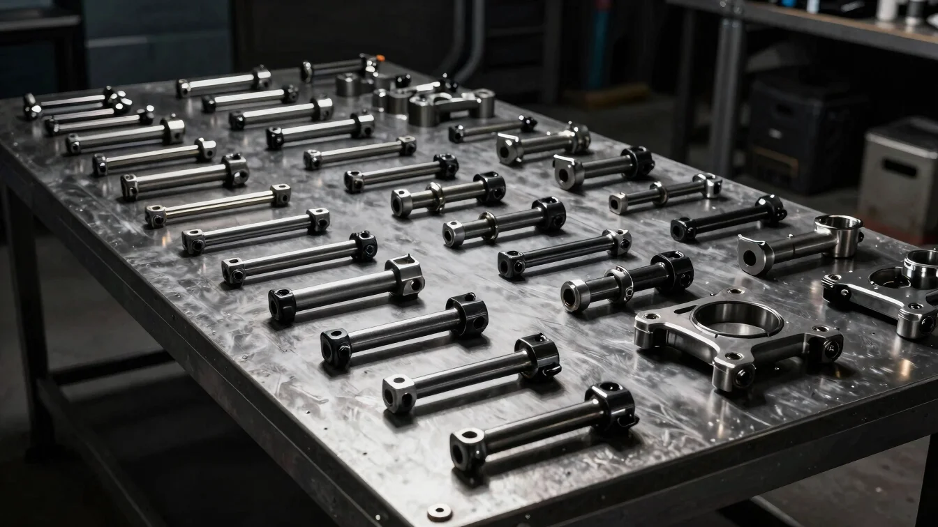 Close product view of mechanical powersports parts laid out on da