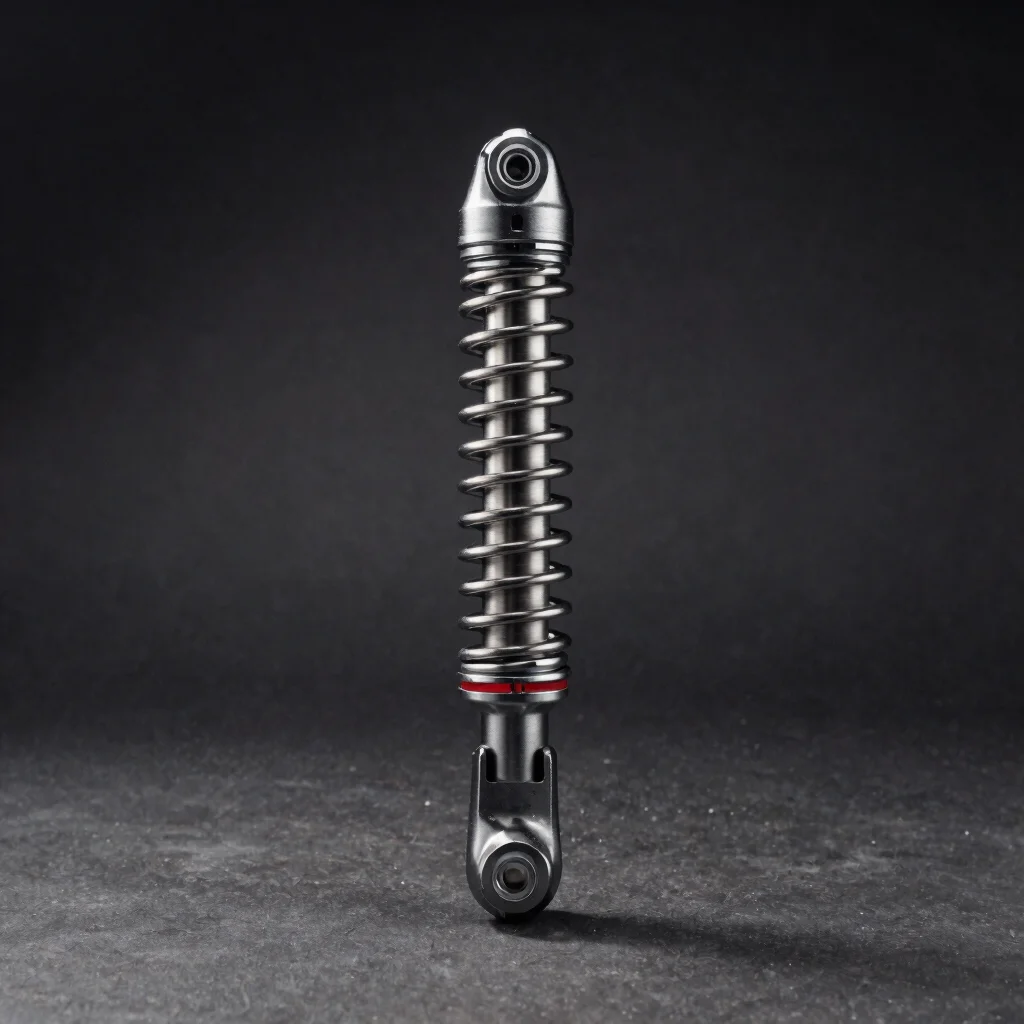 Clear close product view of a suspension component on dark steel,